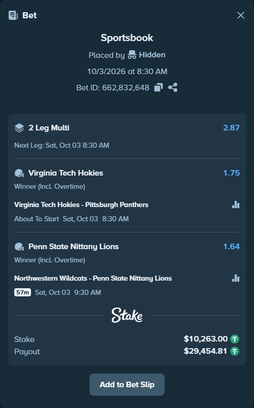 Bet slip: Northwestern Wildcats - Penn State Nittany Lions, $10,263.00 stake at 1.64 odds, placed by Hidden