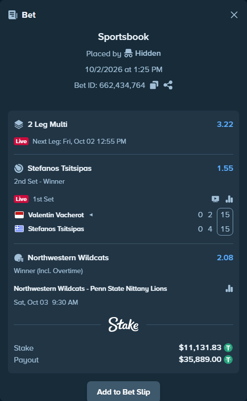 Bet slip: Northwestern Wildcats - Penn State Nittany Lions, $11,131.83 stake at 2.08 odds, placed by dc913