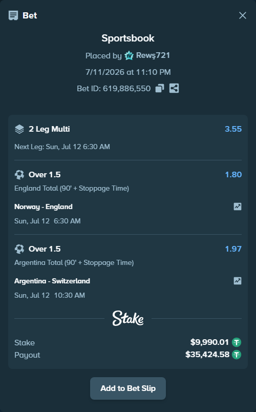 Bet slip: Norway - England, $10,000.00 stake at 1.80 odds, placed by Rewş721
