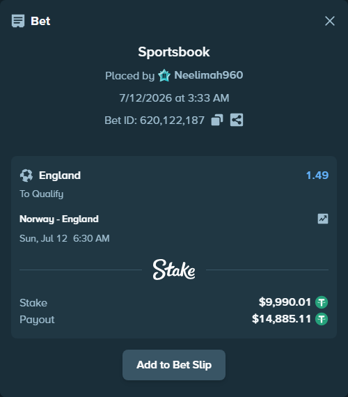 Bet slip: Norway - England, $10,000.00 stake at 1.49 odds, placed by Neelimah960