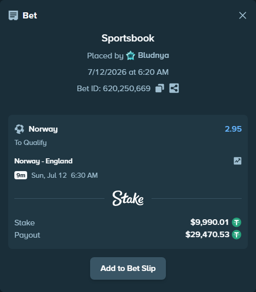 Bet slip: Norway - England, $10,000.00 stake at 2.95 odds, placed by Bludnya