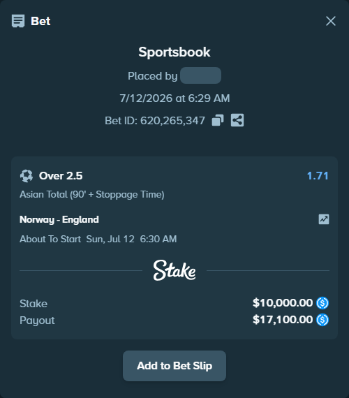 Bet slip: Norway - England, $10,000.00 stake at 1.71 odds, placed by OC448