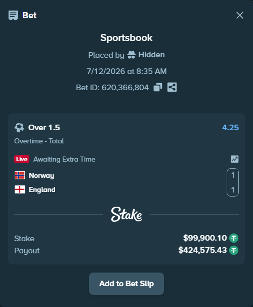 Bet slip: Norway - England, $100,000.00 stake at 4.25 odds, placed by Hidden