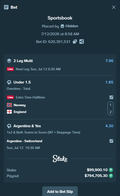 Bet slip: Norway - England, $100,000.00 stake at 1.85 odds, placed by Hidden