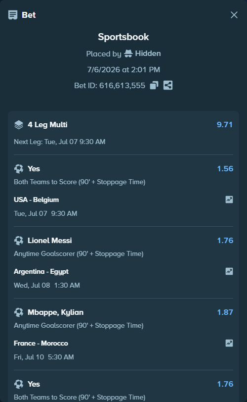Bet slip: Norway - England, $10,010.00 stake at 1.76 odds, placed by Hidden