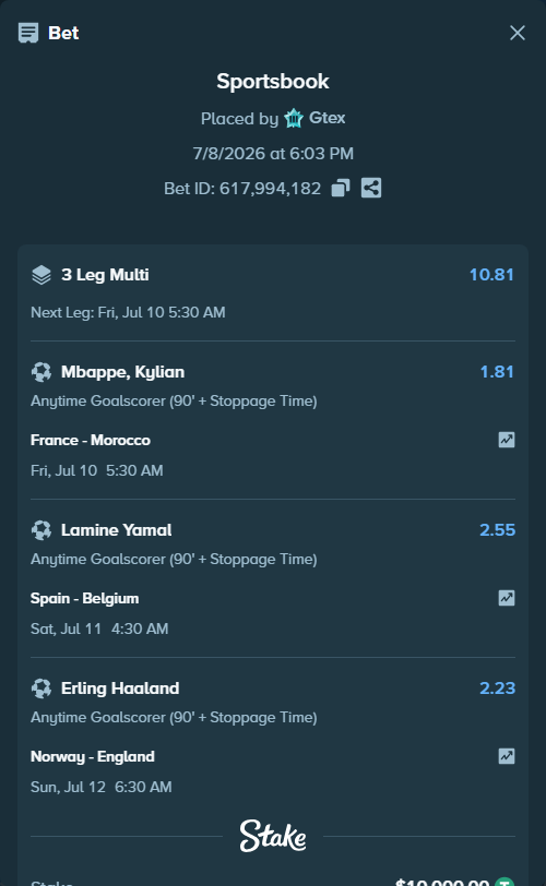 Bet slip: Norway - England, $10,010.00 stake at 2.23 odds, placed by Gtex