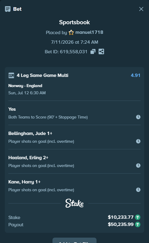 Bet slip: Norway - England, $10,244.00 stake at 1.64 odds, placed by manuel1718
