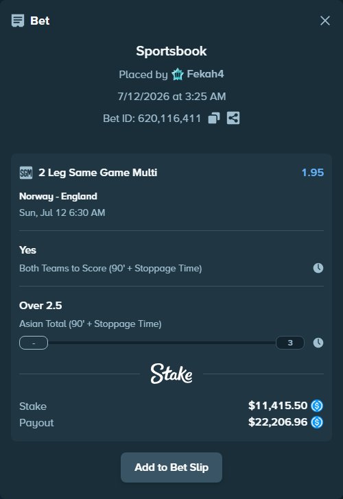 Bet slip: Norway - England, $11,415.50 stake at 1.58 odds, placed by Fekah4