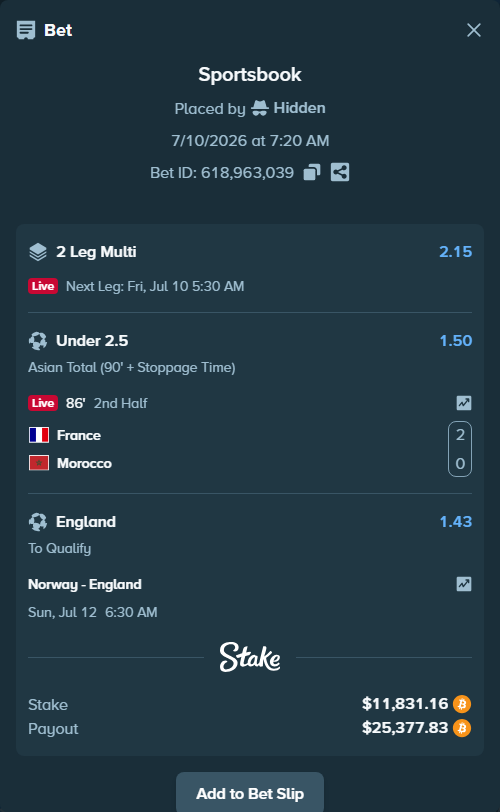 Bet slip: Norway - England, $12,039.45 stake at 1.43 odds, placed by Hidden
