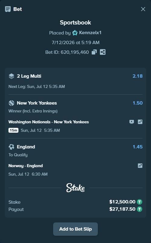 Bet slip: Norway - England, $12,512.50 stake at 1.45 odds, placed by Kennzelx1