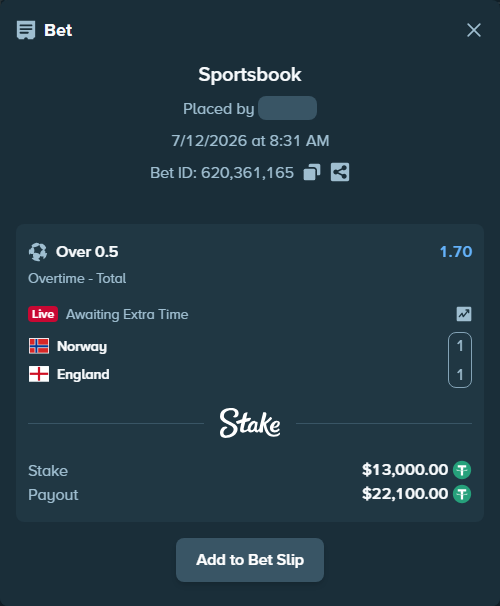 Bet slip: Norway - England, $13,013.00 stake at 1.70 odds, placed by Forbes17