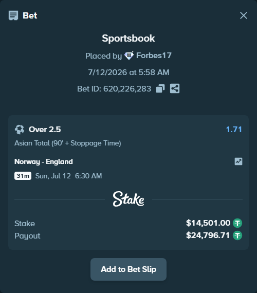 Bet slip: Norway - England, $14,515.50 stake at 1.71 odds, placed by Forbes17
