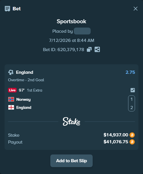 Bet slip: Norway - England, $14,978.99 stake at 2.75 odds, placed by HaddzyFB