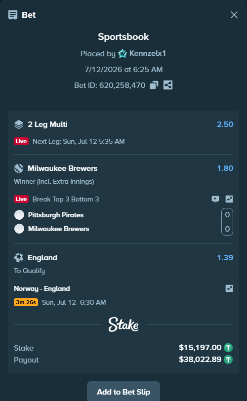 Bet slip: Norway - England, $15,212.20 stake at 1.39 odds, placed by Kennzelx1