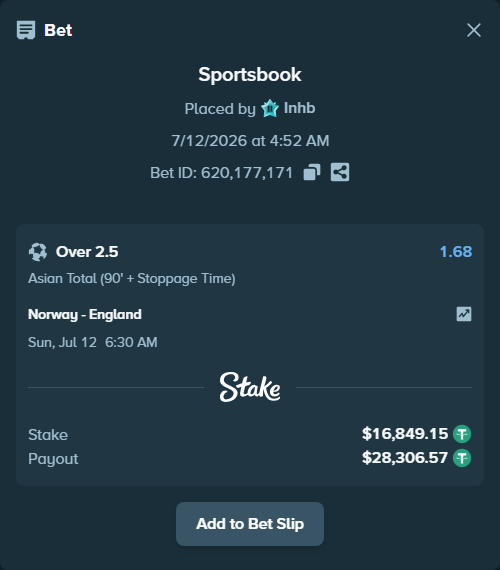 Bet slip: Norway - England, $16,866.00 stake at 1.68 odds, placed by Inhb