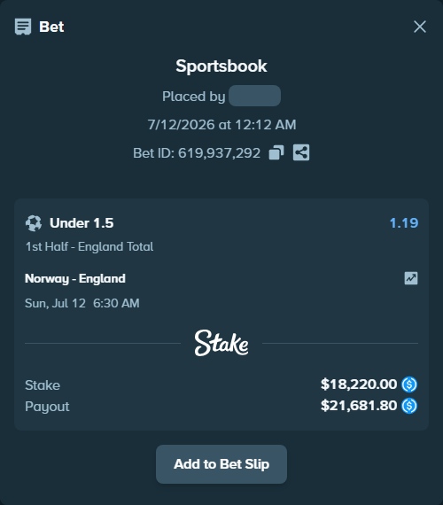 Bet slip: Norway - England, $18,220.00 stake at 1.19 odds, placed by AdrewTate