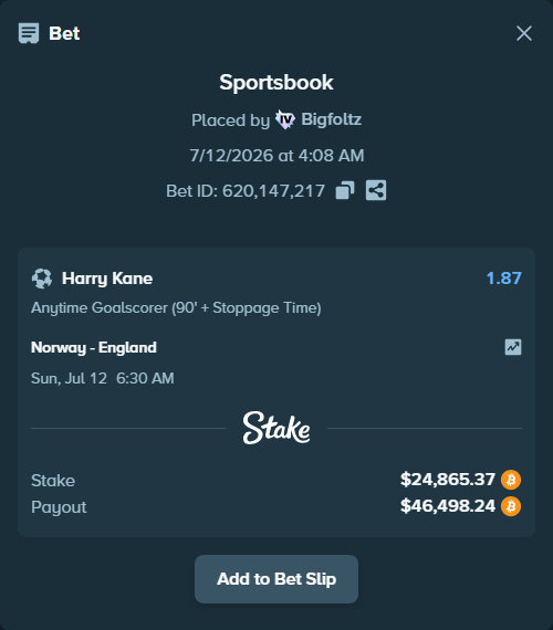 Bet slip: Norway - England, $24,871.29 stake at 1.87 odds, placed by Bigfoltz