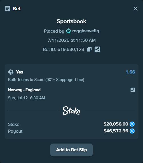 Bet slip: Norway - England, $28,056.00 stake at 1.66 odds, placed by reggieewellq