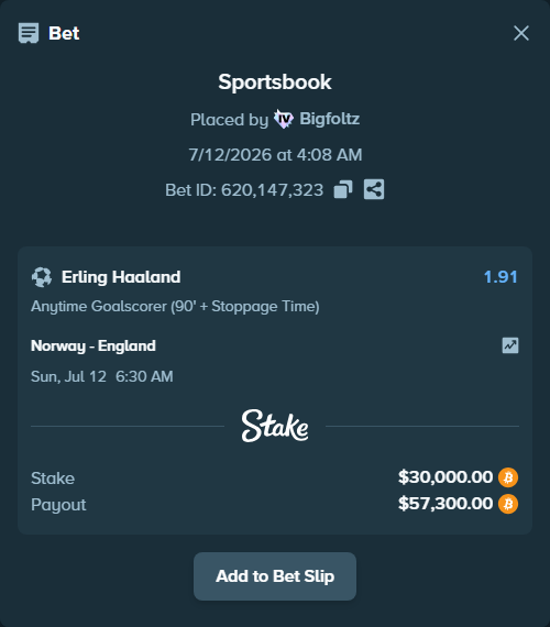 Bet slip: Norway - England, $30,007.14 stake at 1.91 odds, placed by Bigfoltz