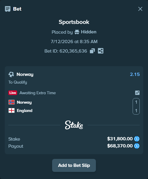 Bet slip: Norway - England, $31,800.00 stake at 2.15 odds, placed by Hidden