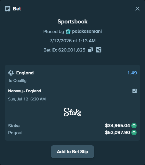 Bet slip: Norway - England, $35,000.00 stake at 1.49 odds, placed by palakasomani