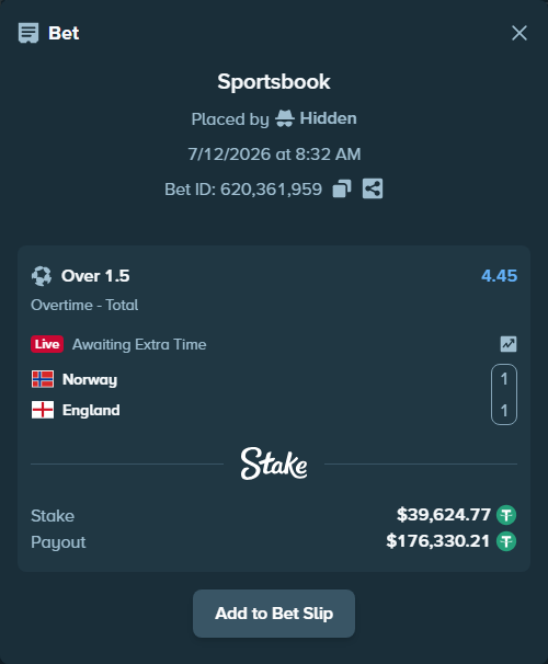 Bet slip: Norway - England, $39,664.39 stake at 4.45 odds, placed by Hidden