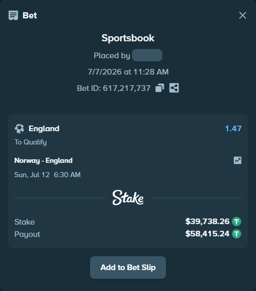 Bet slip: Norway - England, $39,778.00 stake at 1.47 odds, placed by Valttttt