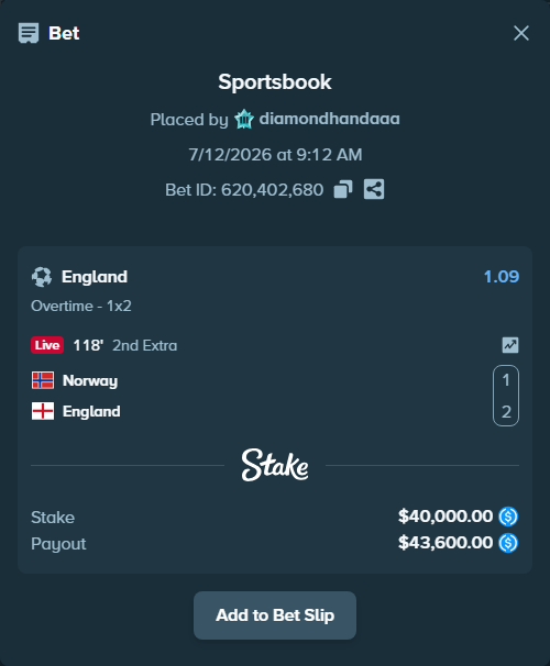 Bet slip: Norway - England, $40,000.00 stake at 1.09 odds, placed by diamondhandaaa