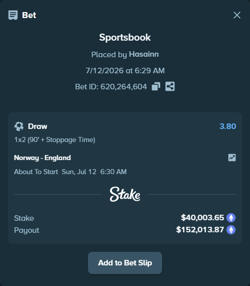 Bet slip: Norway - England, $41,683.56 stake at 3.80 odds, placed by Hasainn