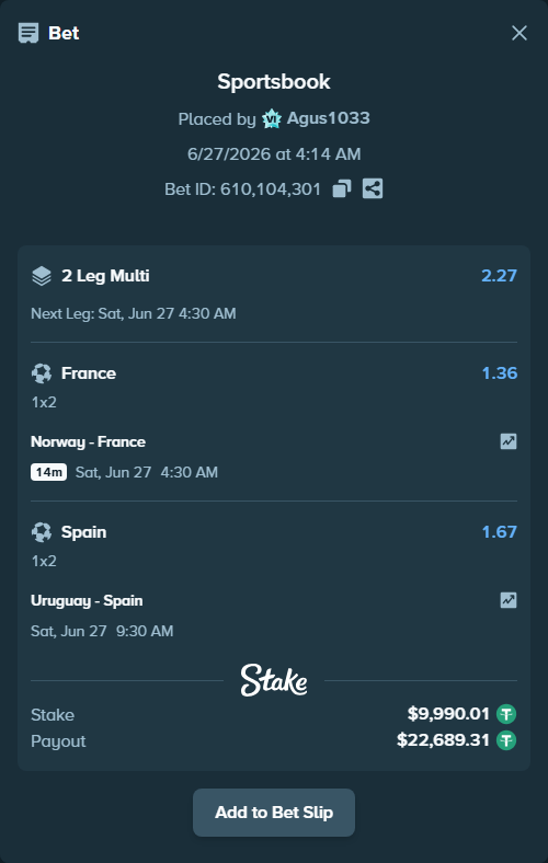 Bet slip: Norway - France, $10,000.00 stake at 1.36 odds, placed by Agus1033