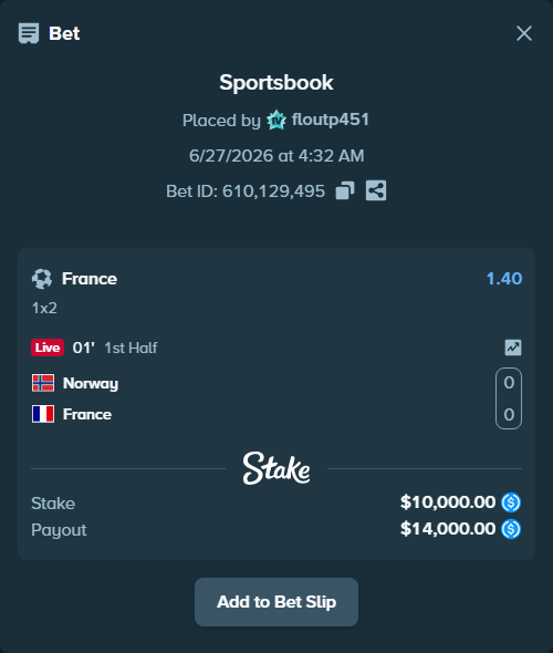 Bet slip: Norway - France, $10,000.00 stake at 1.40 odds, placed by floutp451