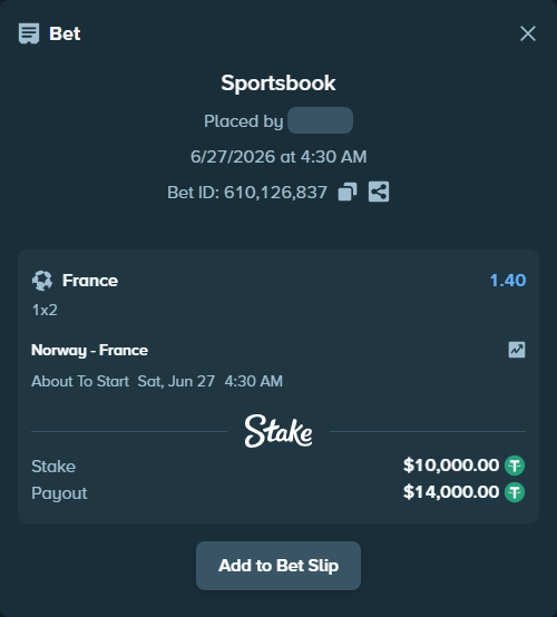 Bet slip: Norway - France, $10,010.00 stake at 1.40 odds, placed by Didrikv