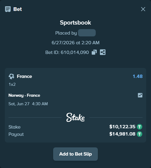 Bet slip: Norway - France, $10,132.48 stake at 1.48 odds, placed by Armo098