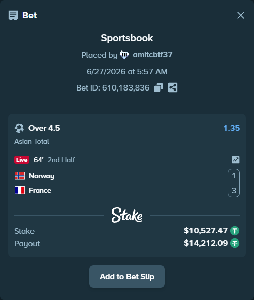 Bet slip: Norway - France, $10,538.00 stake at 1.35 odds, placed by amitcbtf37