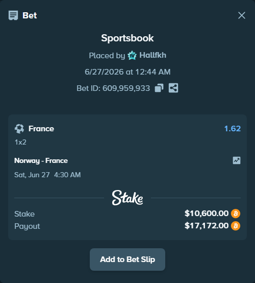 Bet slip: Norway - France, $11,454.82 stake at 1.62 odds, placed by Hallfkh