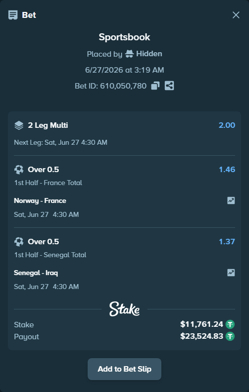 Bet slip: Norway - France, $11,773.00 stake at 1.46 odds, placed by Hidden