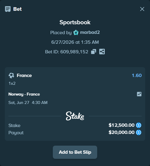 Bet slip: Norway - France, $12,500.00 stake at 1.60 odds, placed by marbad2