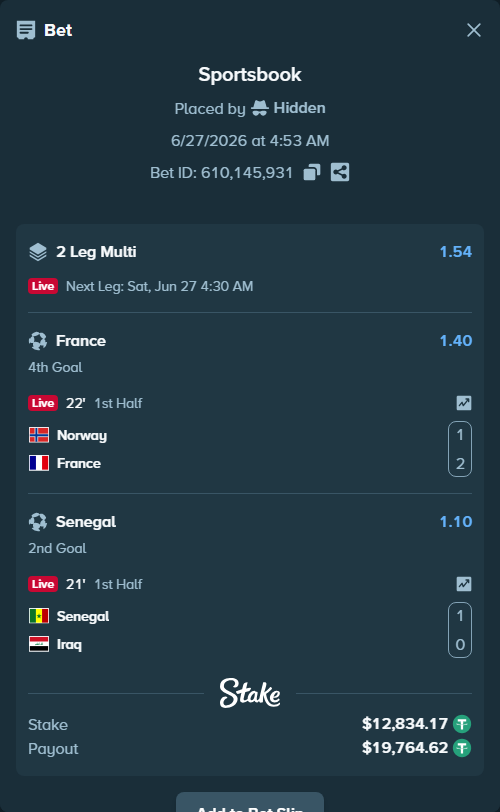 Bet slip: Norway - France, $12,847.00 stake at 1.40 odds, placed by Hidden