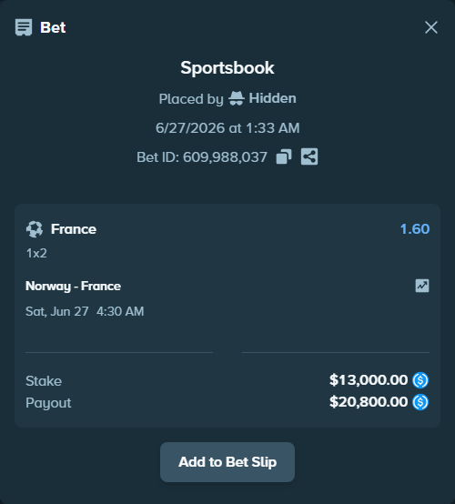 Bet slip: Norway - France, $13,000.00 stake at 1.60 odds, placed by Goatedbacho