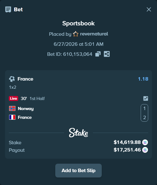 Bet slip: Norway - France, $14,534.00 stake at 1.18 odds, placed by revernatural