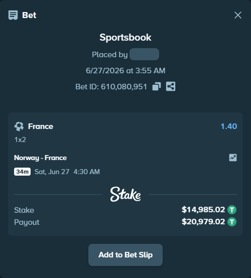 Bet slip: Norway - France, $15,000.00 stake at 1.40 odds, placed by soloy