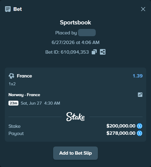 Bet slip: Norway - France, $200,000.00 stake at 1.39 odds, placed by Jossgus