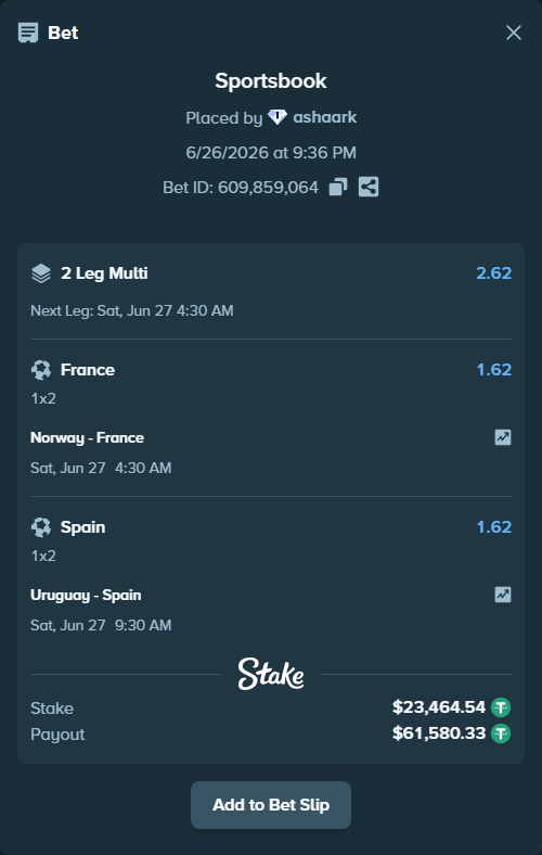Bet slip: Norway - France, $23,488.00 stake at 1.62 odds, placed by ashaark