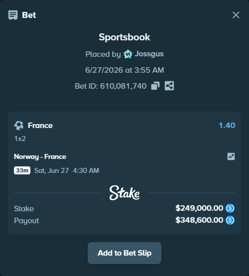 Bet slip: Norway - France, $249,000.00 stake at 1.40 odds, placed by Jossgus