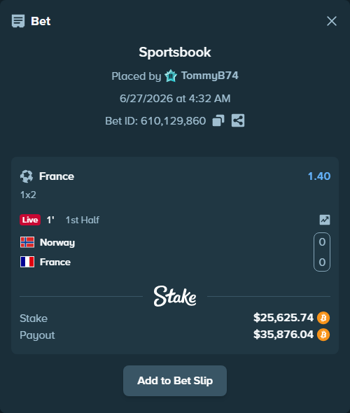 Bet slip: Norway - France, $27,659.32 stake at 1.40 odds, placed by TommyB74
