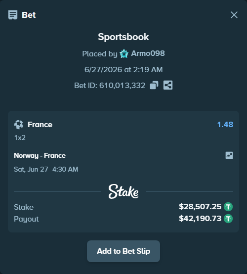 Bet slip: Norway - France, $28,535.75 stake at 1.48 odds, placed by Armo098
