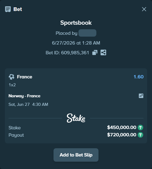 Bet slip: Norway - France, $450,450.00 stake at 1.60 odds, placed by Bajarangg83