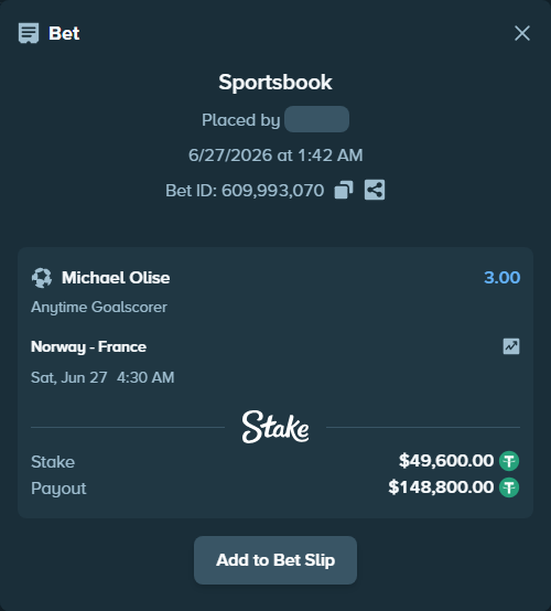 Bet slip: Norway - France, $49,649.60 stake at 3.00 odds, placed by Bajarangg83