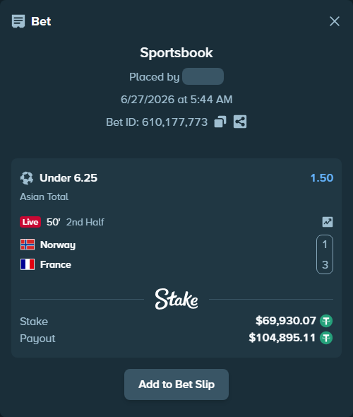 Bet slip: Norway - France, $70,000.00 stake at 1.50 odds, placed by xmsand