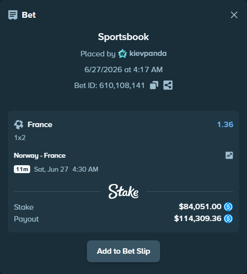 Bet slip: Norway - France, $84,051.00 stake at 1.36 odds, placed by kievpanda